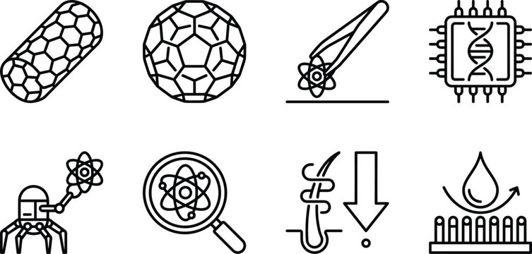 Nanotechnology and Advanced Science Icon Set with Carbon Nanotube Fullerene Nanobot and Biochip Line Symbols