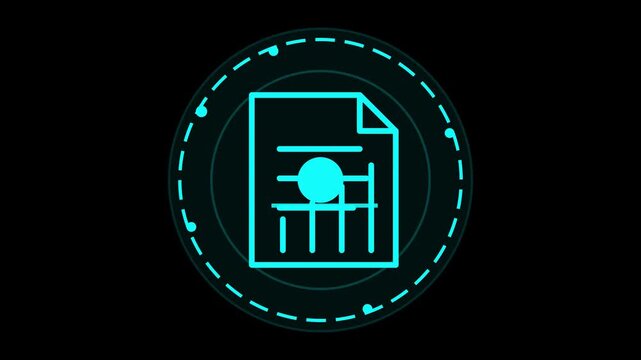 Futuristic digital document icon glowing in cyan neon blue on a black background representing high tech data storage cyber security and information