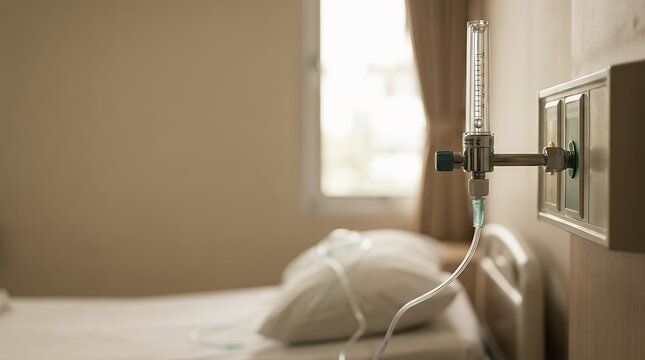 A medical equipment visualization showing real oxygen flow meter installed in patient's room for hospital and healthcare concepts 3D render real oxygen flow meter real of a hospital oxygen flow meter