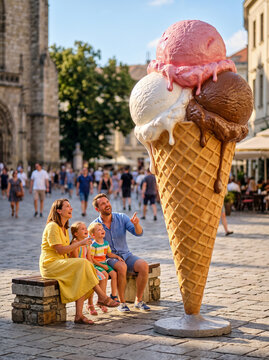 Happy family with two children sitting on a bench and looking at a giant ice cream cone sculpture in a sunny European city square during summer vacation
