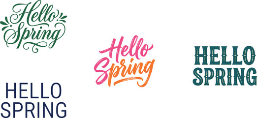 Hello spring typography vector set featuring cursive calligraphy decorative floral flourishes bold modern text and colorful lettering. © MSTWARESA