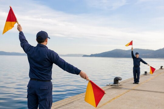 Semaphore flag signals two workers guide ship on water dock