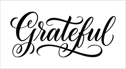 Grateful hand lettered typography on a white background elegant black script with flourishes and swirls © Exclusive Vectors