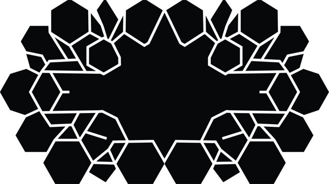 Abstract geometric pattern with black hexagonal shapes and white outlines forming a complex ornamental frame vector illustration.