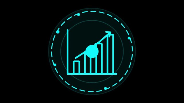 Neon cyan data visualization growth chart icon featuring an upward trending arrow and bar graphs within a futuristic digital HUD circle