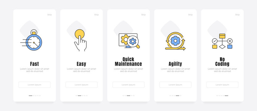 Tech product features onboarding screens. Developer experience solutions. User centric software framework. UX UI walkthrough 5 steps. Flat design with icons. Modern mobile app introduction flow
