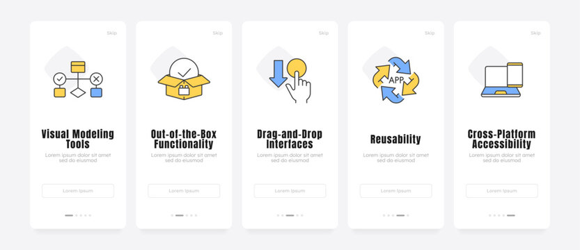 Enterprise digital transformation solutions onboarding screens. Software development frameworks. UX UI walkthrough 5 steps. Flat design with icons. Modern mobile app introduction flow
