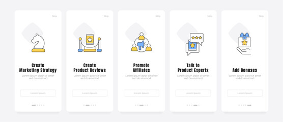 Fototapeta na wymiar Omnichannel brand building strategy onboarding screens. Influencer outreach campaign plan. Customer trust funnel. UX UI walkthrough 5 steps. Flat design with icons. Modern mobile app introduction flow