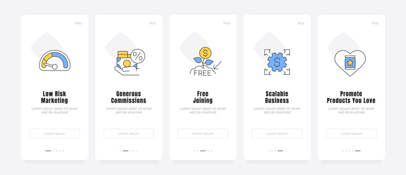 Affiliate marketing program onboarding screens. Revenue streams performance. Product monetization models. UX UI walkthrough 5 steps. Flat design with icons. Modern mobile app introduction flow