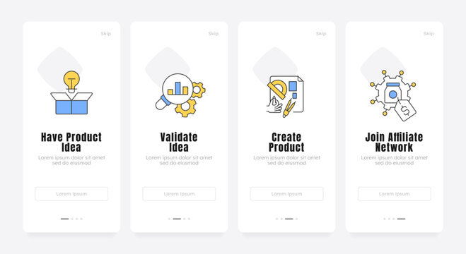 Strategic ecommerce roadmap guide onboarding screens. Modern business development. Startup growth stages. UX UI walkthrough 4 steps. Flat design with icons. Modern mobile app introduction flow
