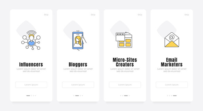Target audience segments onboarding screens. User acquisition funnel. Creator economy monetization streams. UX UI walkthrough 4 steps. Flat design with icons. Modern mobile app introduction flow