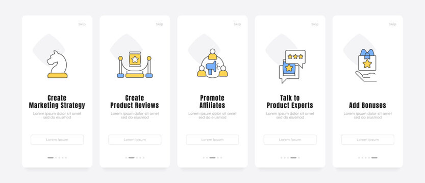 Omnichannel brand building strategy onboarding screens. Influencer outreach campaign plan. Customer trust funnel. UX UI walkthrough 5 steps. Flat design with icons. Modern mobile app introduction flow