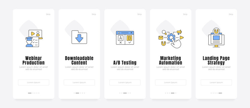 Growth marketing strategy overview onboarding screens. Conversion rate optimization. Data driven marketing. UX UI walkthrough 5 steps. Flat design with icons. Modern mobile app introduction flow