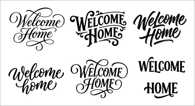 Welcome home lettering variations black script typography on a white background alphabet art calligraphy characters
