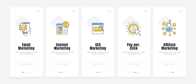 Digital marketing strategy channels onboarding screens. Core traffic acquisition pillars. Brand engagement. UX UI walkthrough 5 steps. Flat design with icons. Modern mobile app introduction flow