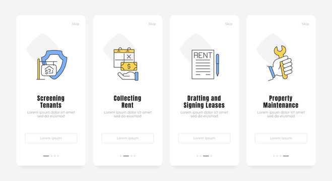 Streamlined property management workflow onboarding screens. Modern real estate asset oversight. UX UI walkthrough 4 steps. Flat design with icons. Modern mobile app introduction flow