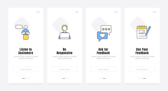 User experience feedback onboarding screens. Digital customer success strategy. Client communication flow. UX UI walkthrough 4 steps. Flat design with icons. Modern mobile app introduction flow