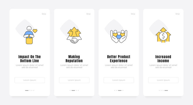 Scalable business growth solutions onboarding screens. Digital customer journey. Conversion rate optimization. UX UI walkthrough 4 steps. Flat design with icons. Modern mobile app introduction flow