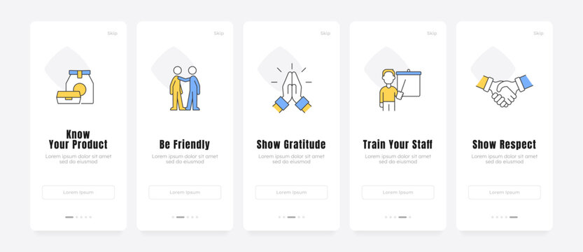 Customer service excellence essentials onboarding screens. Core brand value. Client relationship strategies. UX UI walkthrough 5 steps. Flat design with icons. Modern mobile app introduction flow