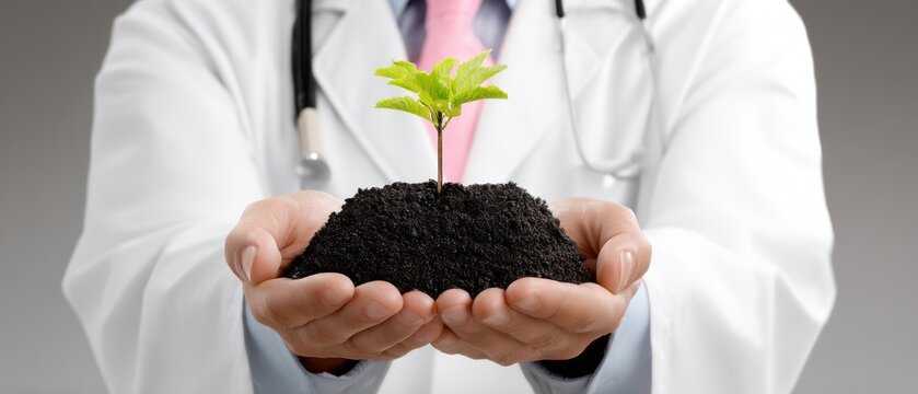 Doctor holding soil with plant seedling in hands symbolizing healthcare growth and environmental responsibility studio shot