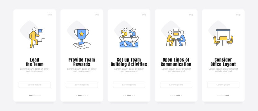 Strategic modern workforce leadership onboarding screens. Purpose driven corporate culture initiatives. UX UI walkthrough 5 steps. Flat design with icons. Modern mobile app introduction flow