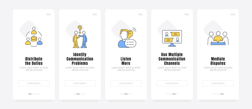 Effective team management workflow onboarding screens. Optimizing collaborative workplace communication. UX UI walkthrough 5 steps. Flat design with icons. Modern mobile app introduction flow