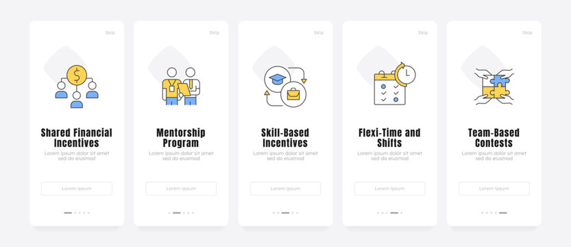Workforce engagement strategy frameworks onboarding screens. Modern employee retention models. Corporate talent. UX UI walkthrough 5 steps. Flat design with icons. Modern mobile app introduction flow