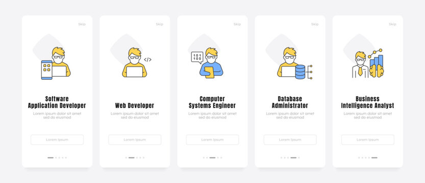 Career path discovery onboarding screens. Software development professions. Modern digital role selection. UX UI walkthrough 5 steps. Flat design with icons. Modern mobile app introduction flow