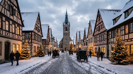 Obraz premium Historic European Town Street Covered in Snow with Christmas Trees