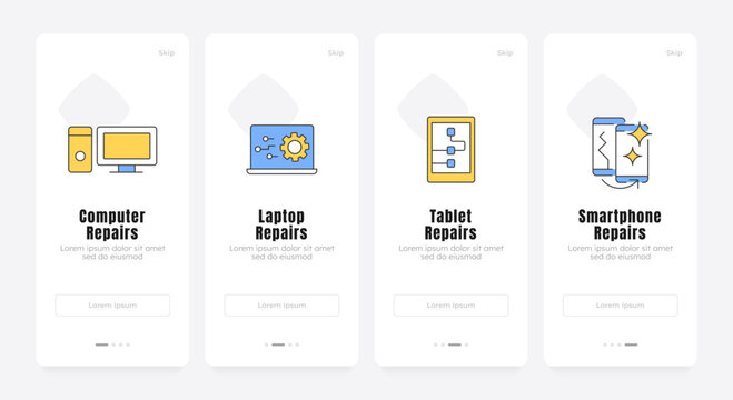 User friendly device maintenance onboarding screens. Modern tech repair and product walkthrough. UX UI walkthrough 4 steps. Flat design with icons. Modern mobile app introduction flow
