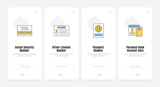 Mobile identity standard verification onboarding screens. Digital wallet credentials. Secure personal data. UX UI walkthrough 4 steps. Flat design with icons. Modern mobile app introduction flow