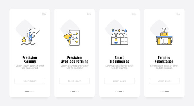 Smart farming onboarding screens. AI driven precision agriculture solutions. Data powered food ecosystem. UX UI walkthrough 4 steps. Flat design with icons. Modern mobile app introduction flow