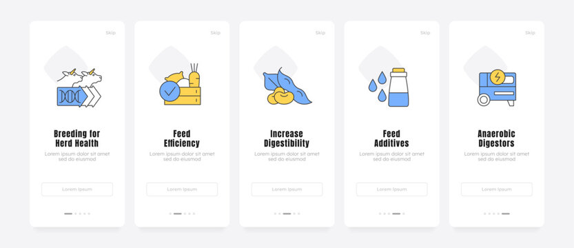 Sustainable agritech onboarding screens. Ecoforward livestock management solutions. Smart farming. UX UI walkthrough 5 steps. Flat design with icons. Modern mobile app introduction flow