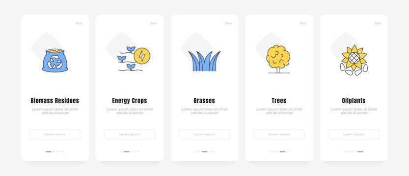 Renewable energy source onboarding screens. Sustainable biofuel feedstock. Biomass power and green technology. UX UI walkthrough 5 steps. Flat design with icons. Modern mobile app introduction flow