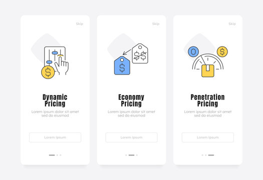 Strategic digital pricing models onboarding screens. Product monetization. Corporate revenue growth strategies. UX UI walkthrough 3 steps. Flat design with icons. Modern mobile app introduction flow