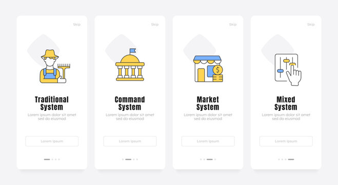 Global economic frameworks onboarding screens. Socioeconomic governance system. Market structure overviews. UX UI walkthrough 4 steps. Flat design with icons. Modern mobile app introduction flow