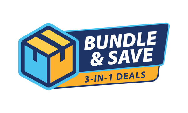 Bundle and save 3 in 1 deals badge vector template with shipping box icon for e commerce discount