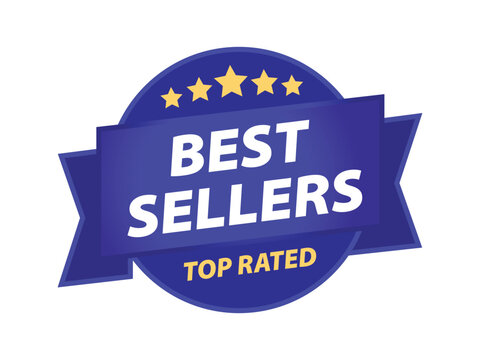 Best sellers top rated badge vector template with stars and blue ribbon for store product feature