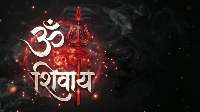 Glowing Om Symbol with Trident and Shivay Typography on Dark Smoky Background for Religious Banner Design