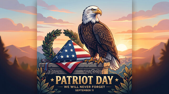 Bald Eagle Patriot Day Memorial Vector Illustration with Laurel Wreath