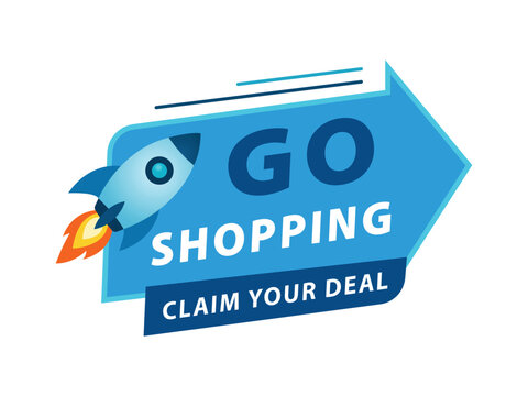 A blue shopping deal claim icon with a rocket vector