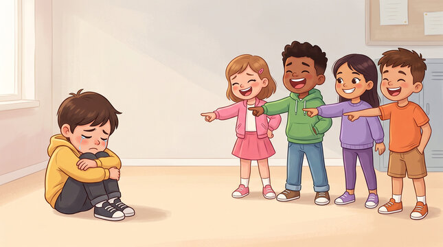 Sad Boy Bullied by Group of Laughing Classmates in School Illustration