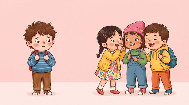 Nervous Little Boy Feeling Lonely and Excluded From Classmates Cartoon Illustration