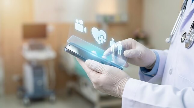 Doctor using a smartphone with digital medical icons in a modern hospital room setting