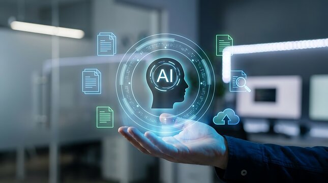 Close up of a hand holding a digital holographic interface representing artificial intelligence