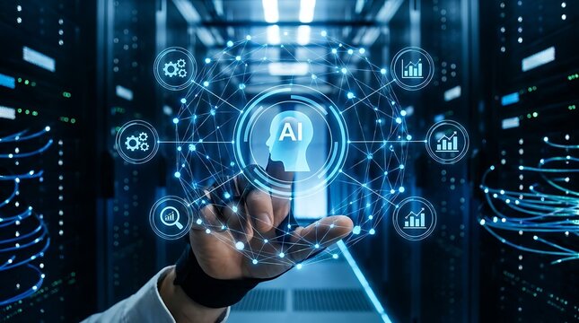 Hand touching a glowing artificial intelligence interface inside a modern server room data center