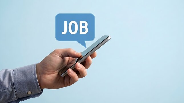 Hand holding a smartphone with a blue speech bubble icon displaying the word job on screen