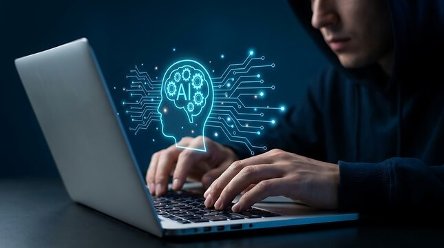 Young man using a laptop with a glowing artificial intelligence brain and circuit hologram