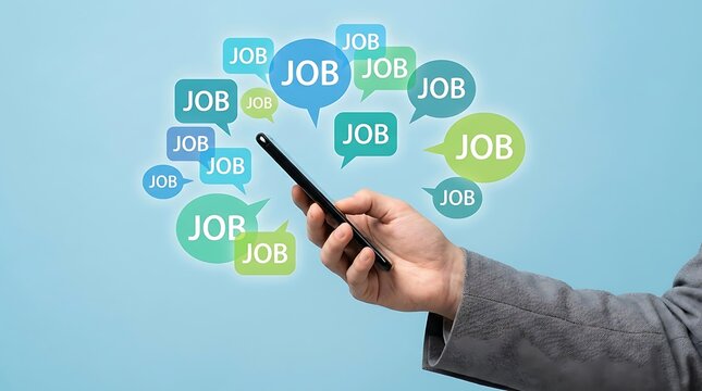 Hand holding a smartphone with multiple colorful speech bubble icons showing the word job