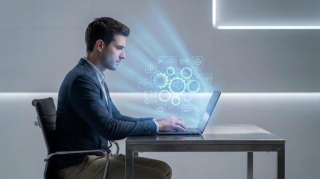 Professional businessman working on a laptop with a glowing digital gear mechanism hologram interface